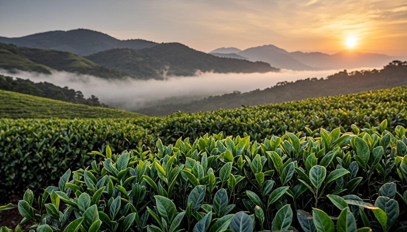 Pristine Himalayan tea garden at sunrise in Ilam, Nepal